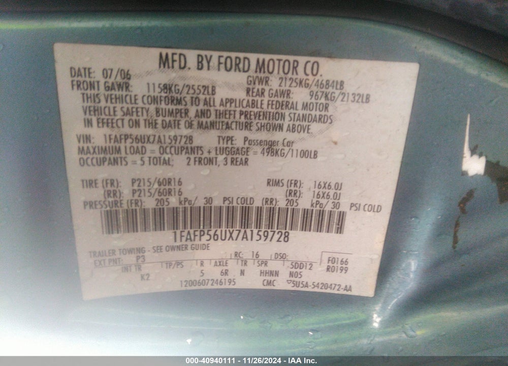 2007 FORD TAURUS SEL VIN: 1FAFP56UX7A159728