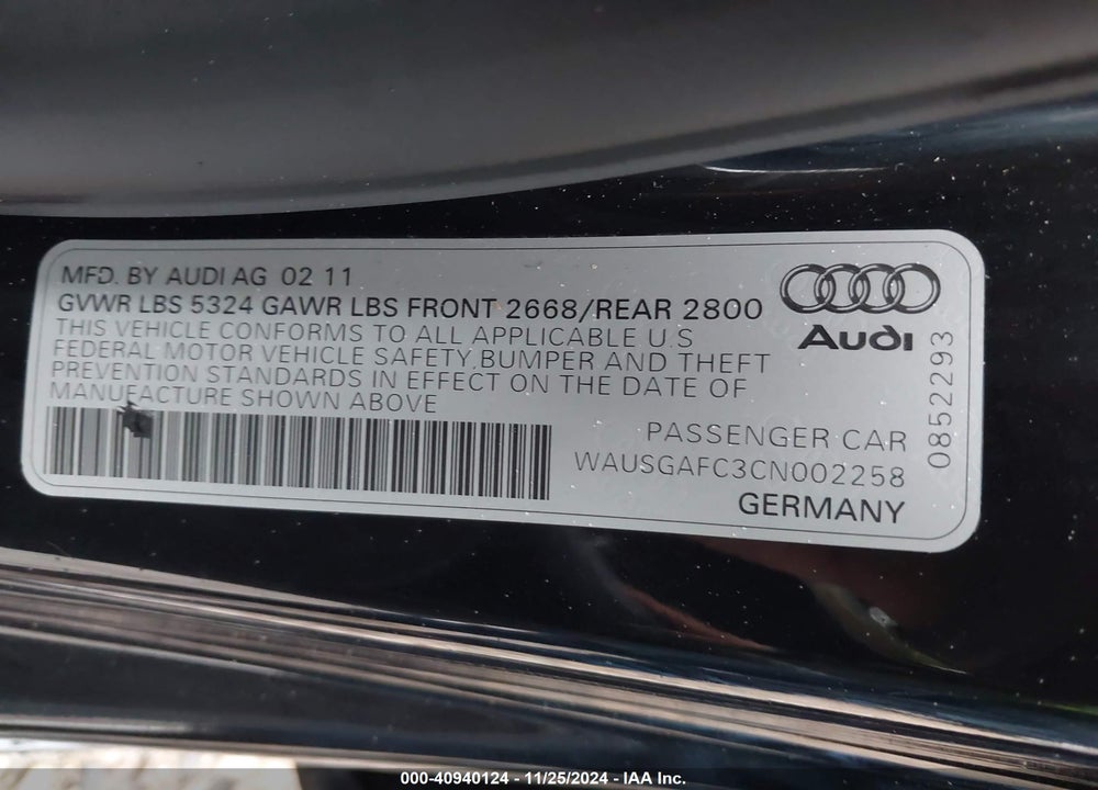 2012 AUDI A7 PREMIUM VIN: WAUSGAFC3CN002258