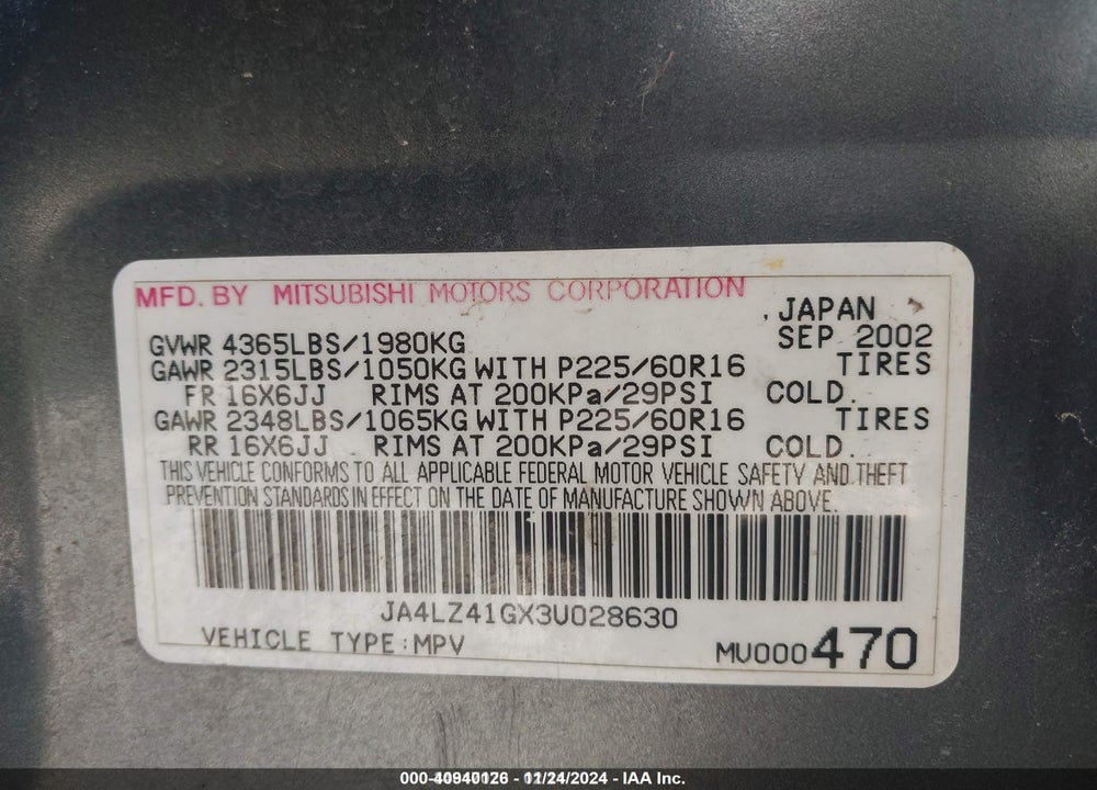 2003 MITSUBISHI OUTLANDER XLS VIN: JA4LZ41GX3U028630