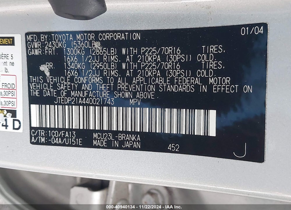 2004 TOYOTA HIGHLANDER V6 VIN: JTEDP21A440021743