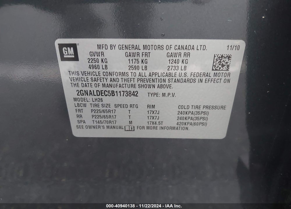 2011 CHEVROLET EQUINOX 1LT VIN: 2GNALDEC5B1173842