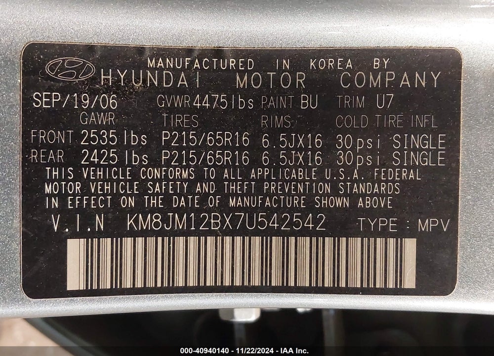2007 HYUNDAI TUCSON GLS VIN: KM8JM12BX7U542542
