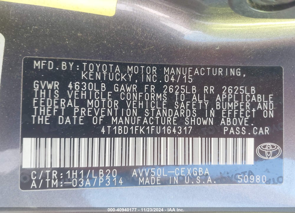 2015 TOYOTA CAMRY HYBRID XLE VIN: 4T1BD1FK1FU164317