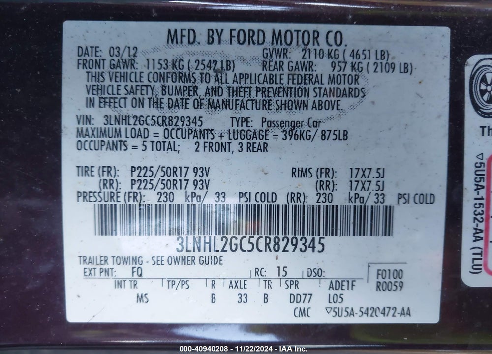 2012 LINCOLN MKZ VIN: 3LNHL2GC5CR829345
