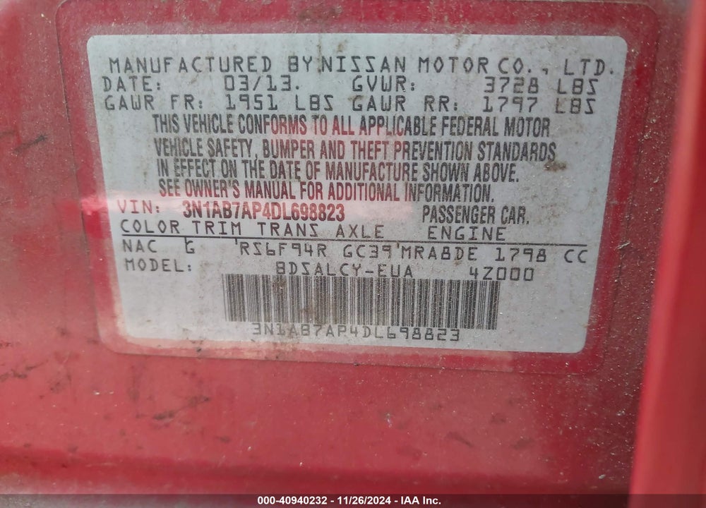 2013 NISSAN SENTRA VIN: 3N1AB7AP4DL698823