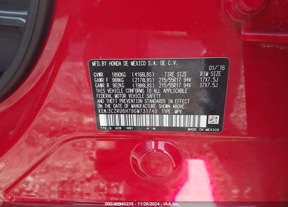 2016 HONDA HR-V EX-L VIN: 3CZRU6H79GM731740