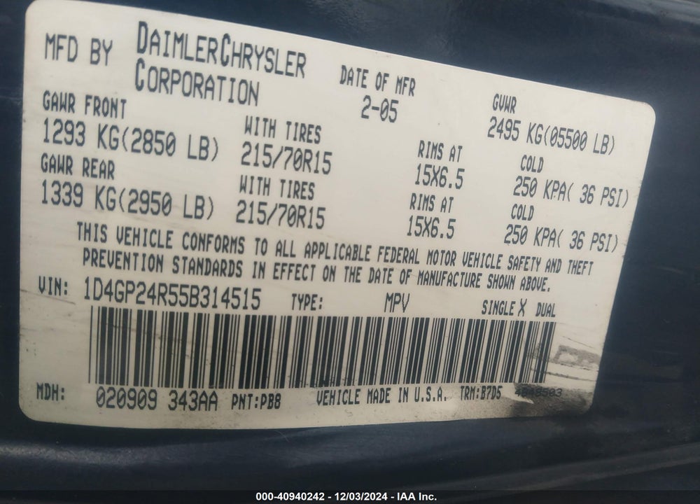 2005 DODGE GRAND CARAVAN SE VIN: 1D4GP24R55B314515