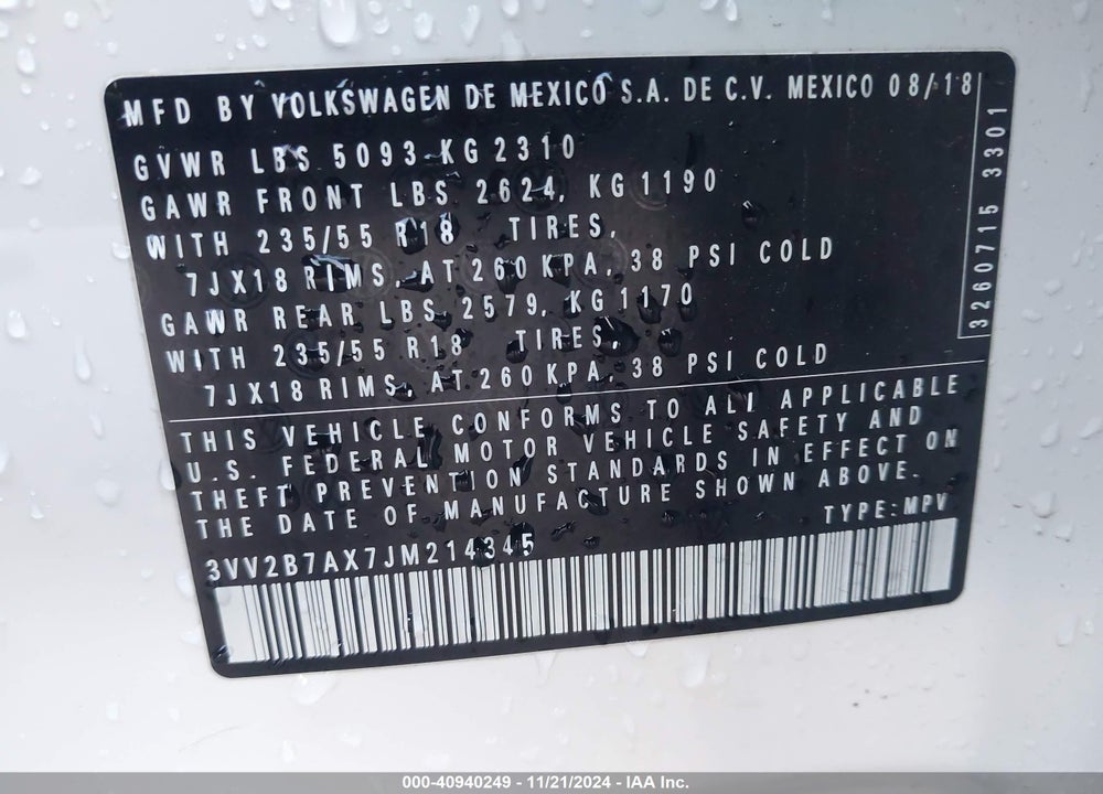 2018 VOLKSWAGEN TIGUAN 2.0T SE/2.0T SEL VIN: 3VV2B7AX7JM214345