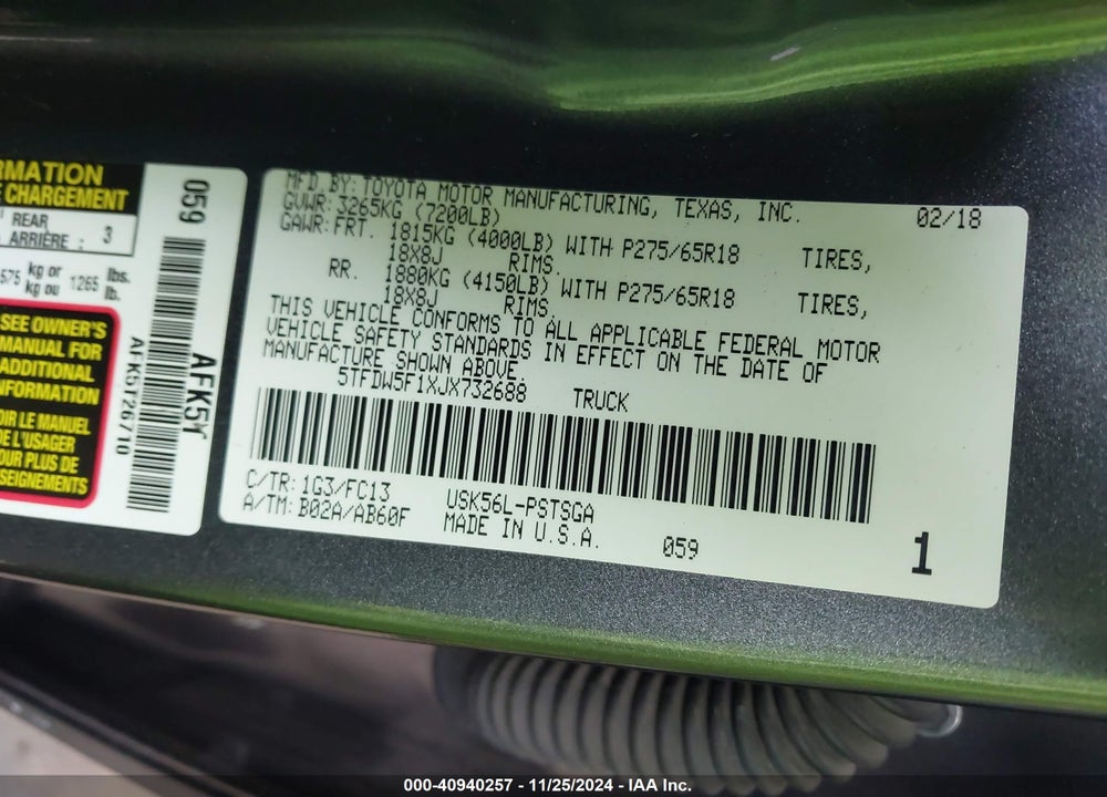 2018 TOYOTA TUNDRA SR5 5.7L V8 VIN: 5TFDW5F1XJX732688