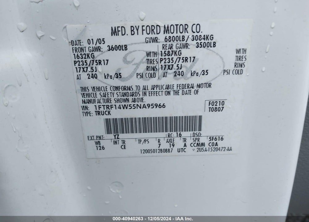 2005 FORD F-150 STX/XL/XLT VIN: 1FTRF14W55NA95966