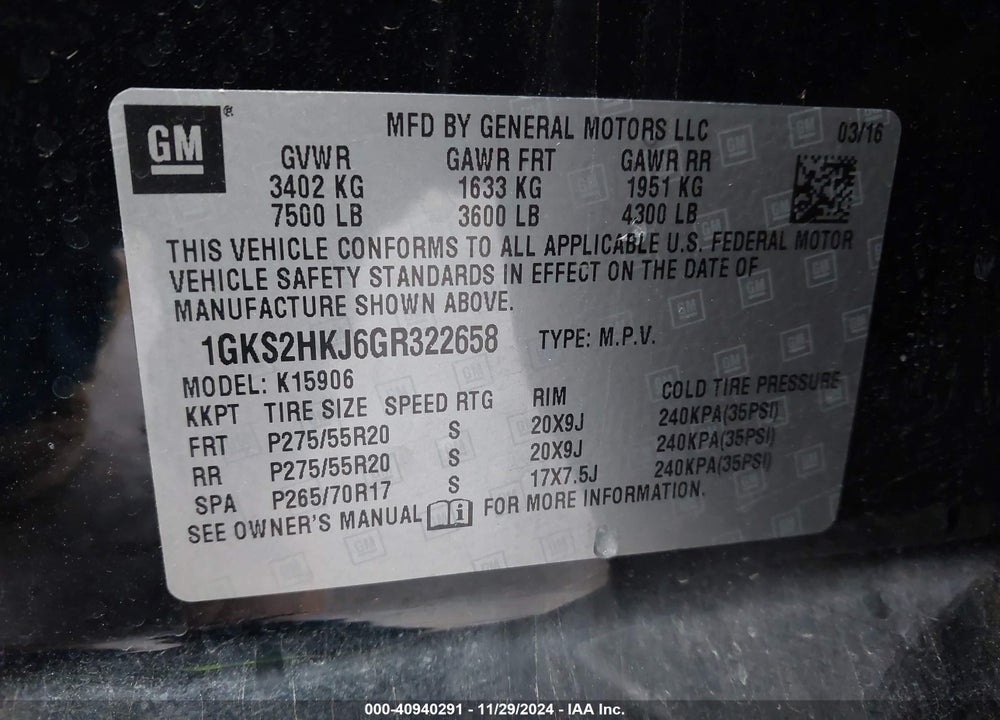 2016 GMC YUKON XL DENALI VIN: 1GKS2HKJ6GR322658