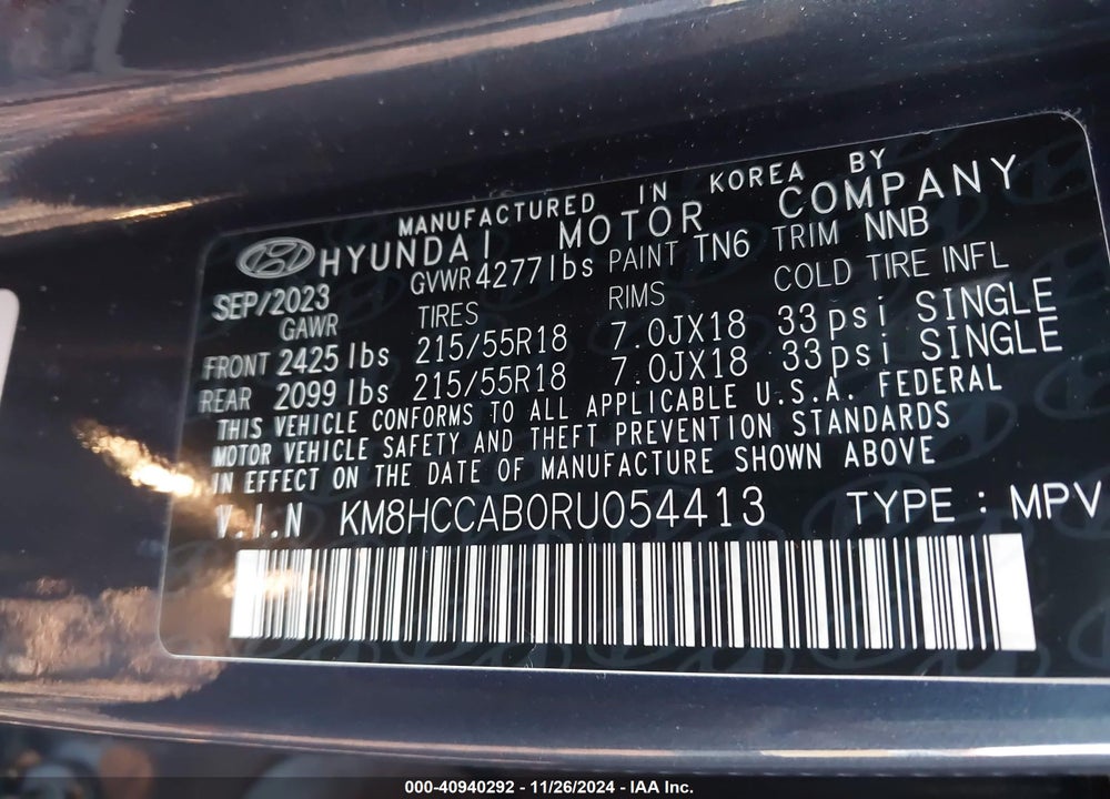 2024 HYUNDAI KONA SEL VIN: KM8HCCAB0RU054413