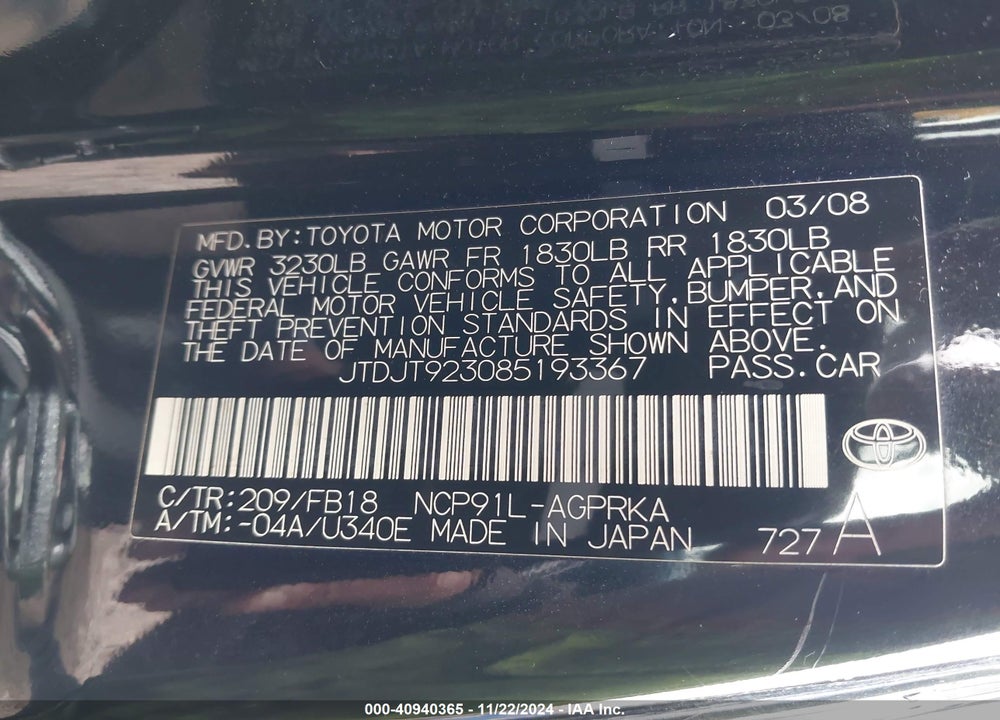 2008 TOYOTA YARIS VIN: JTDJT923085193367