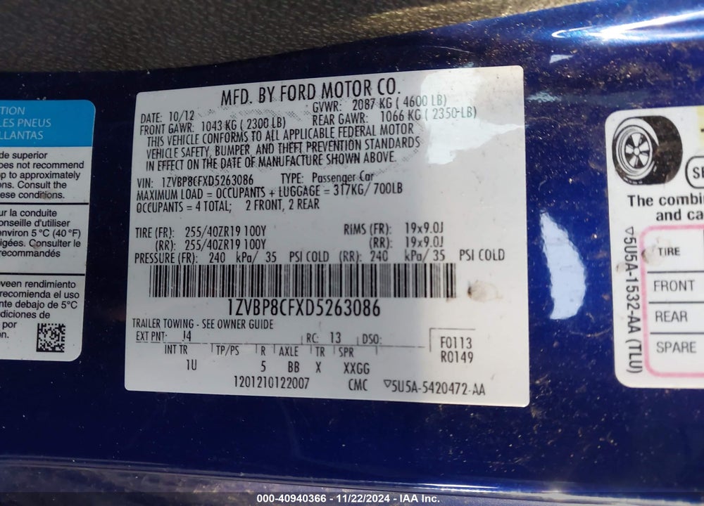 2013 FORD MUSTANG GT VIN: 1ZVBP8CFXD5263086