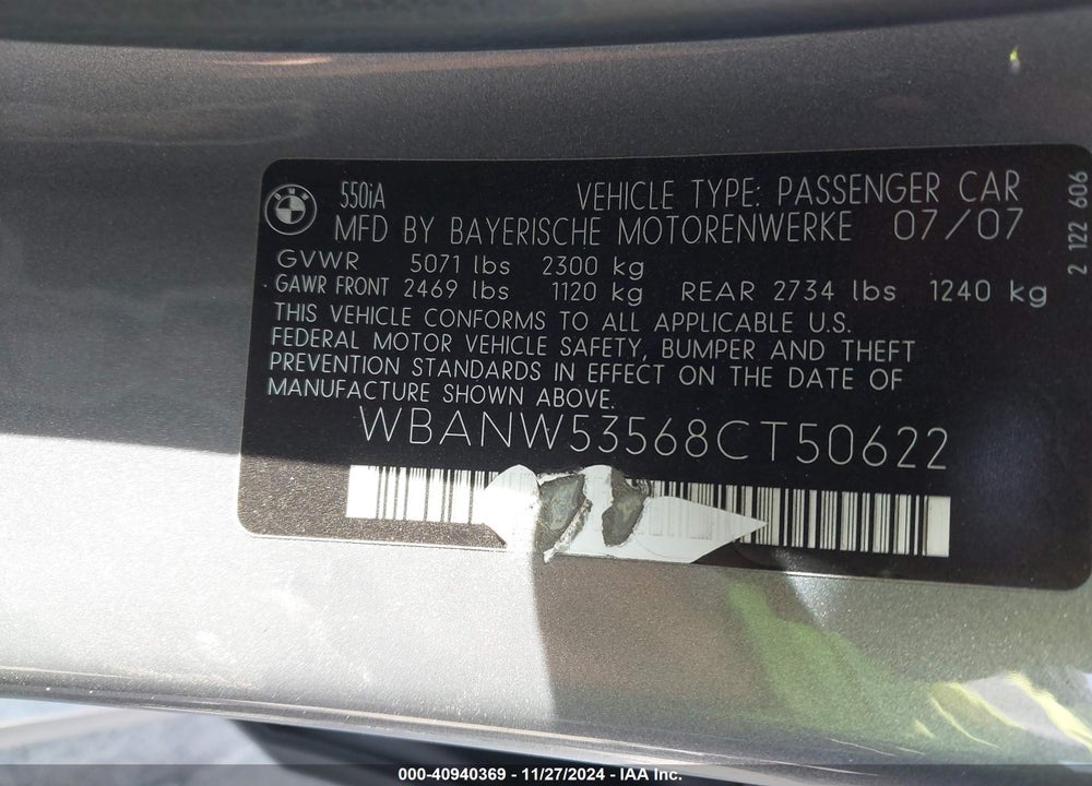 2008 BMW 550I VIN: WBANW53568CT50622
