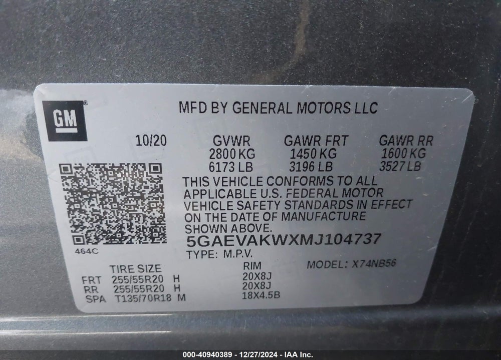 2021 BUICK ENCLAVE VIN: 5GAEVAKWXMJ104737