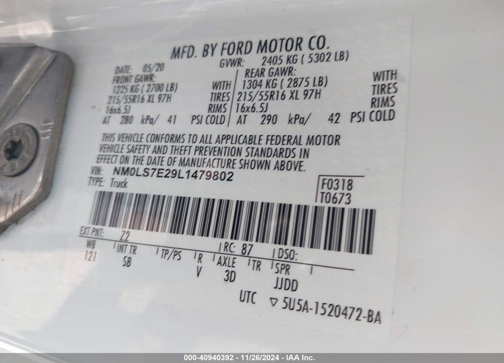 2020 FORD TRANSIT CONNECT XL CARGO VAN VIN: NM0LS7E29L1479802