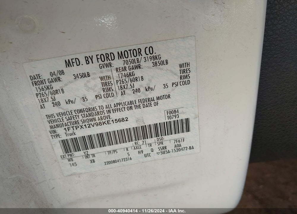 2008 FORD F-150 VIN: 1FTPX12V98KE15682
