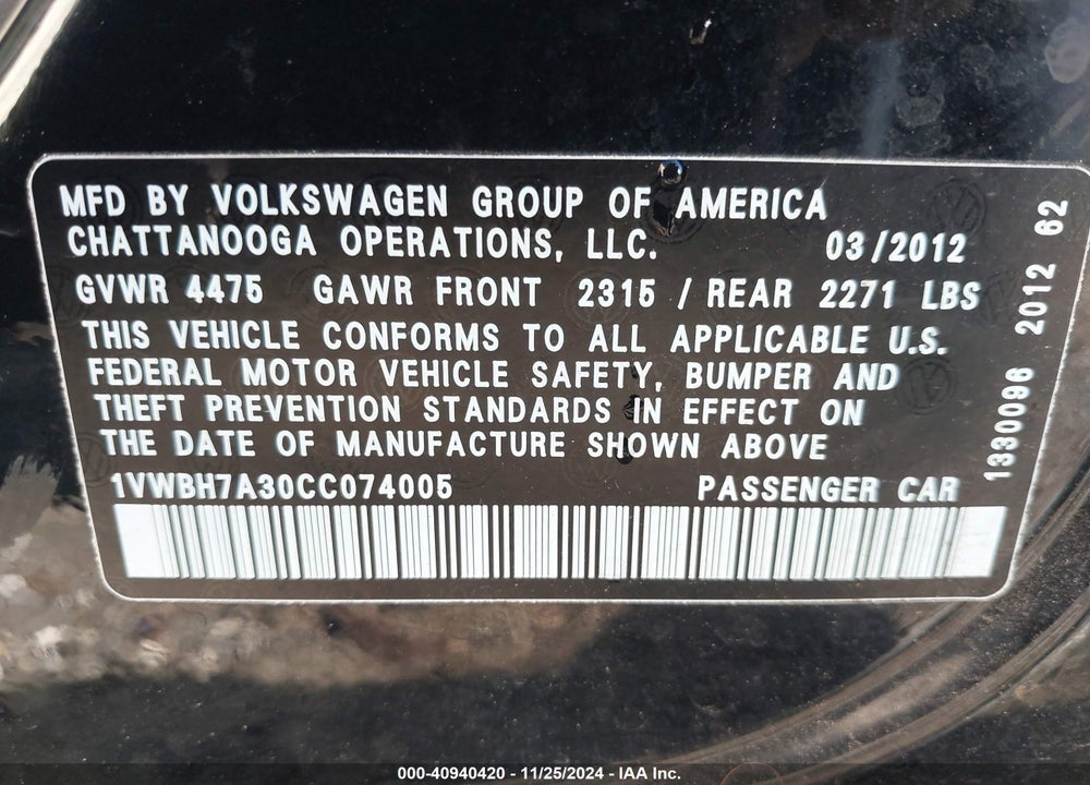 2012 VOLKSWAGEN PASSAT 2.5L SE VIN: 1VWBH7A30CC074005