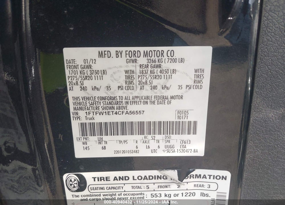 2012 FORD F-150 FX4 VIN: 1FTFW1ET4CFA56557