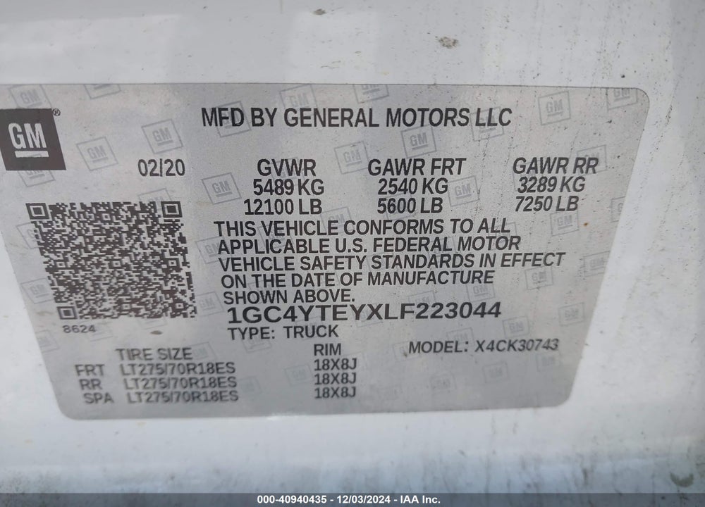 2020 CHEVROLET SILVERADO 3500HD 4WD  STANDARD BED LT VIN: 1GC4YTEYXLF223044