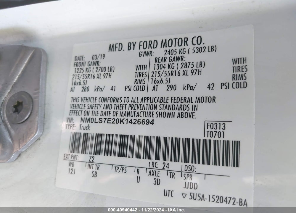 2019 FORD TRANSIT CONNECT XL VIN: NM0LS7E20K1426694