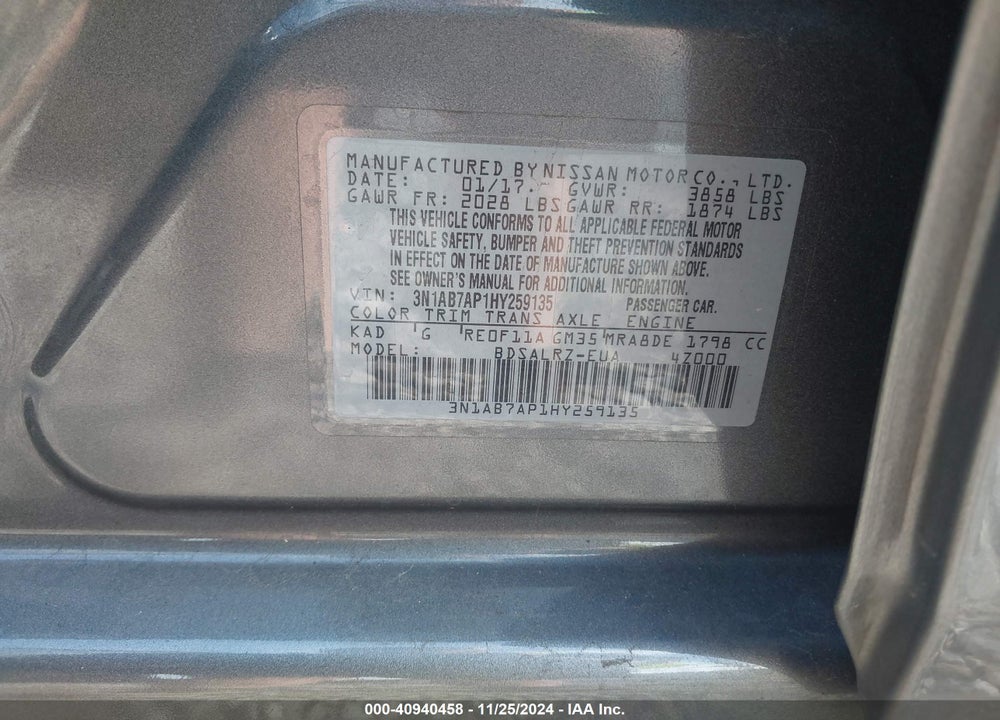 2017 NISSAN SENTRA SR VIN: 3N1AB7AP1HY259135