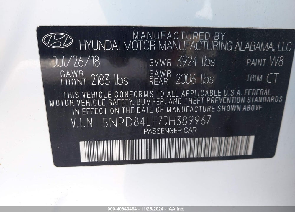 2018 HYUNDAI ELANTRA VIN: 5NPD84LF7JH389967