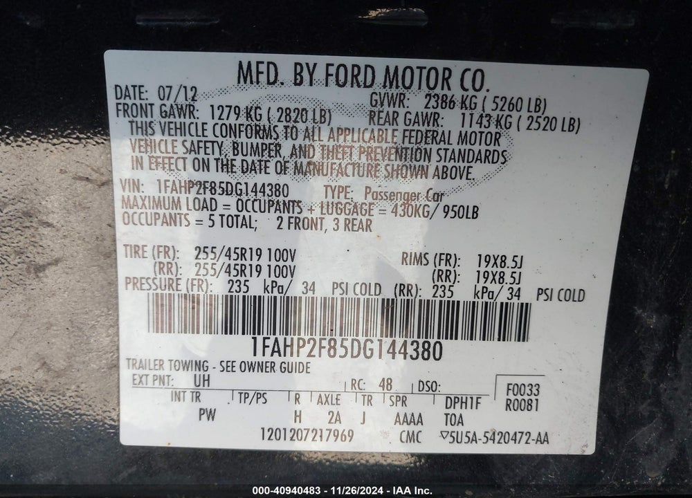 2013 FORD TAURUS LIMITED VIN: 1FAHP2F85DG144380