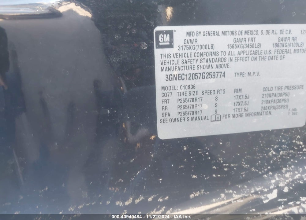 2007 CHEVROLET AVALANCHE 1500 LT VIN: 3GNEC12057G259774