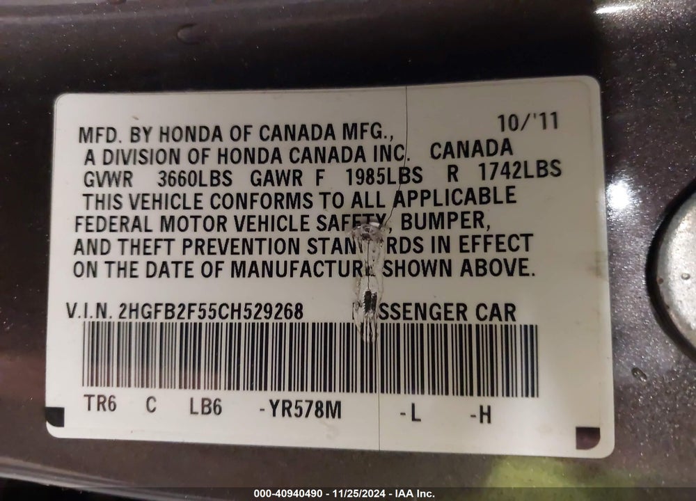 2012 HONDA CIVIC LX VIN: 2HGFB2F55CH529268