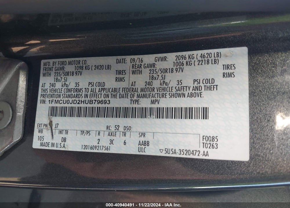 2017 FORD ESCAPE TITANIUM VIN: 1FMCU0JD2HUB79693