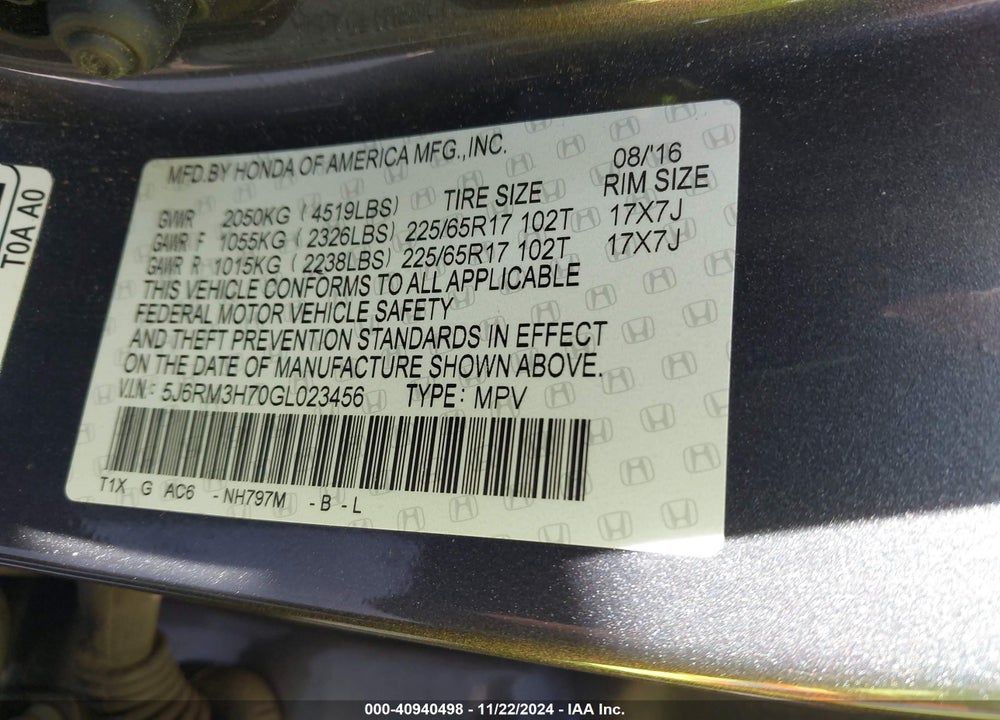 2016 HONDA CR-V EX-L VIN: 5J6RM3H70GL023456