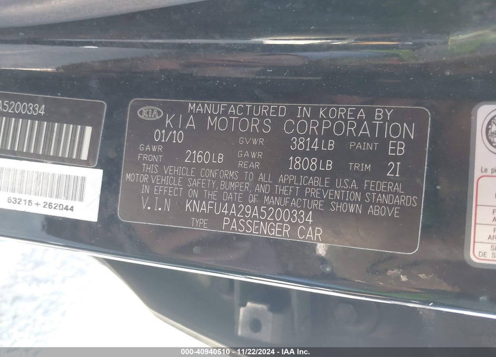2010 KIA FORTE EX VIN: KNAFU4A29A5200334