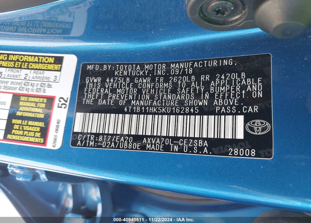 2019 TOYOTA CAMRY SE VIN: 4T1B11HK5KU162845
