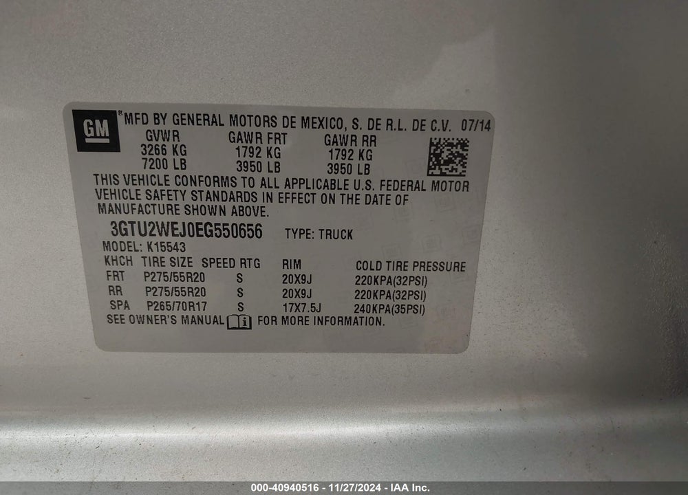 2014 GMC SIERRA 1500 DENALI VIN: 3GTU2WEJ0EG550656