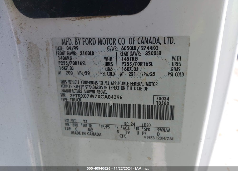 1999 FORD F-150 LARIAT/XL/XLT VIN: 2FTRX07W7XCA84396