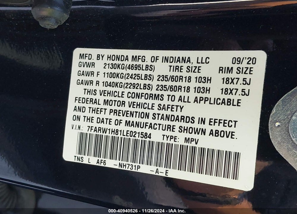 2020 HONDA CR-V 2WD EX-L VIN: 7FARW1H81LE021584