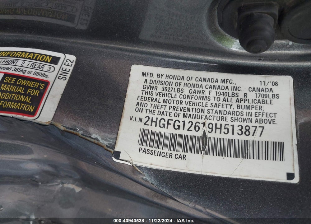 2009 HONDA CIVIC LX VIN: 2HGFG12619H513877