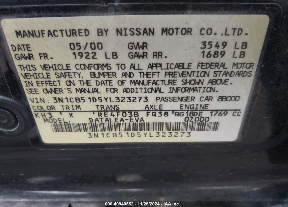 2000 NISSAN SENTRA GXE/XE VIN: 3N1CB51D5YL323273