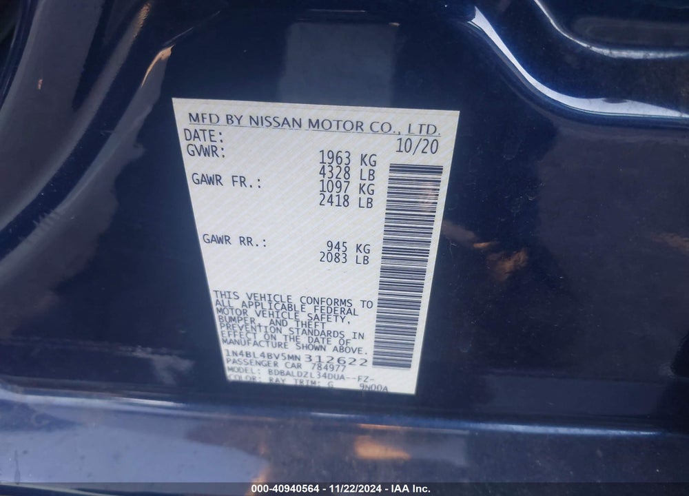 2021 NISSAN ALTIMA S FWD VIN: 1N4BL4BV5MN312622