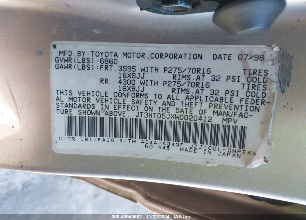 1998 TOYOTA LAND CRUISER VIN: JT3HT05JXW0020412