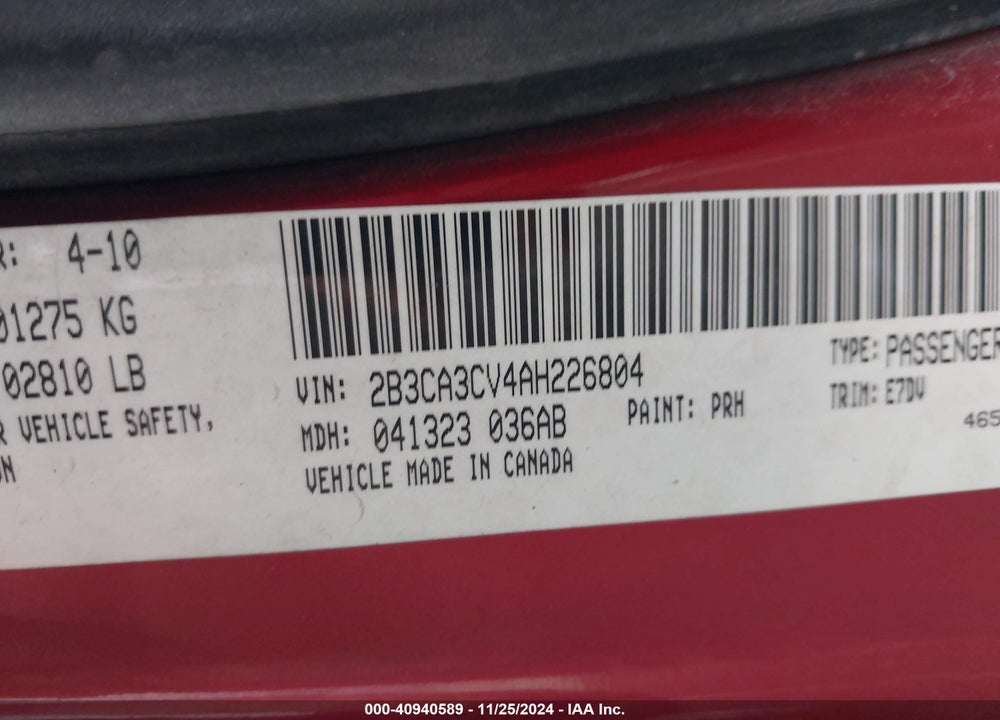 2010 DODGE CHARGER VIN: 2B3CA3CV4AH226804
