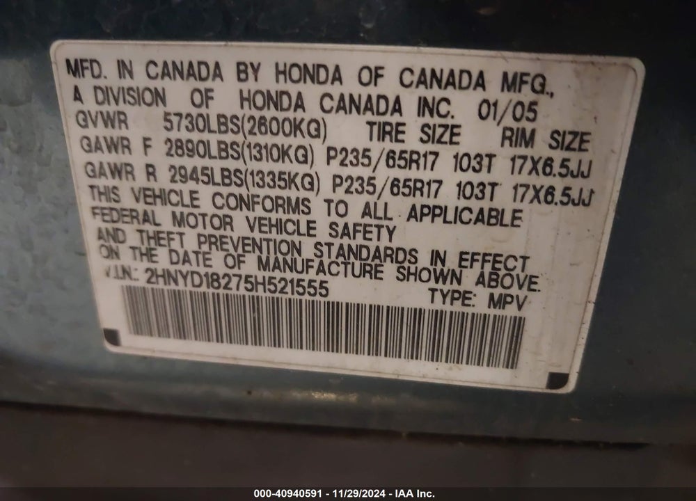 2005 ACURA MDX VIN: 2HNYD18275H521555