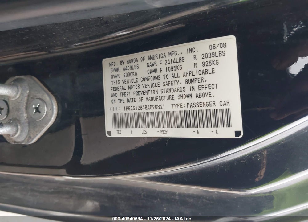 2008 HONDA ACCORD 2.4 EX-L VIN: 1HGCS12848A026821