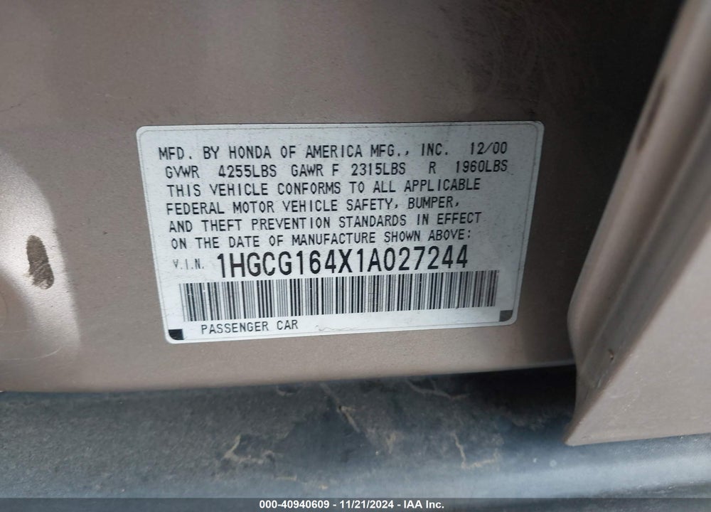 2001 HONDA ACCORD 3.0 LX VIN: 1HGCG164X1A027244
