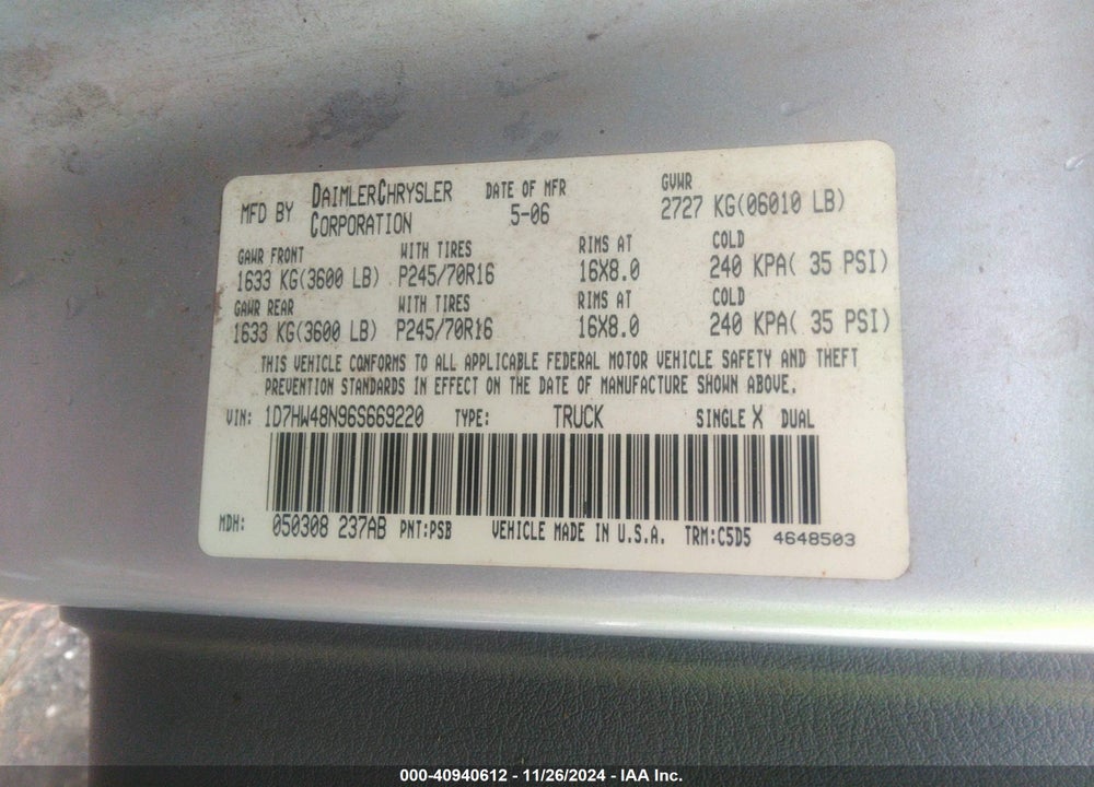 2006 DODGE DAKOTA SLT VIN: 1D7HW48N96S669220