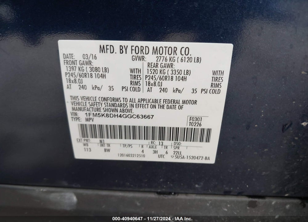 2016 FORD EXPLORER XLT VIN: 1FM5K8DH4GGC63667