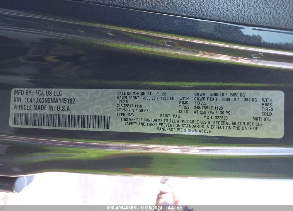 2022 JEEP WRANGLER UNLIMITED SPORT S 4X4 VIN: 1C4HJXDN5NW145182