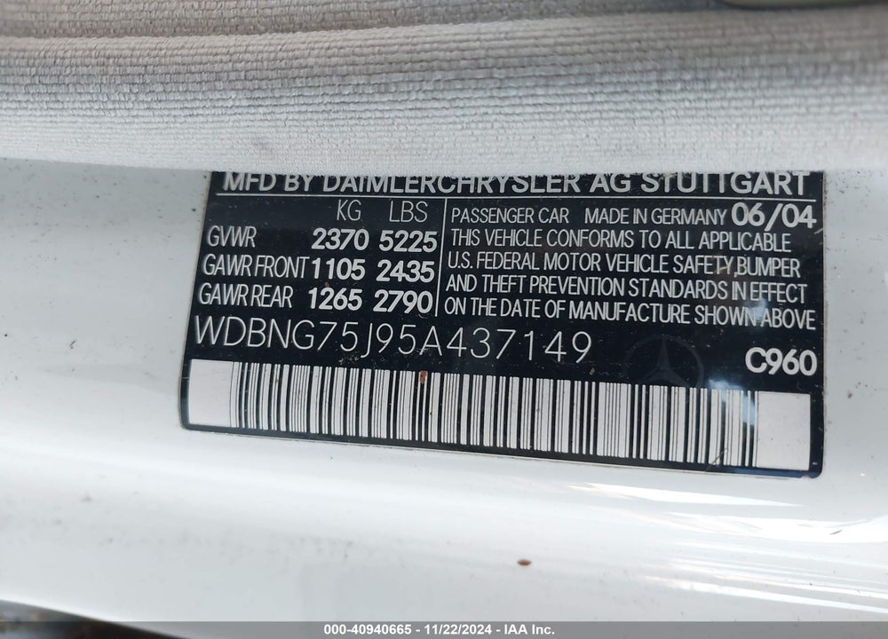 2005 MERCEDES-BENZ S 500 VIN: WDBNG75J95A437149